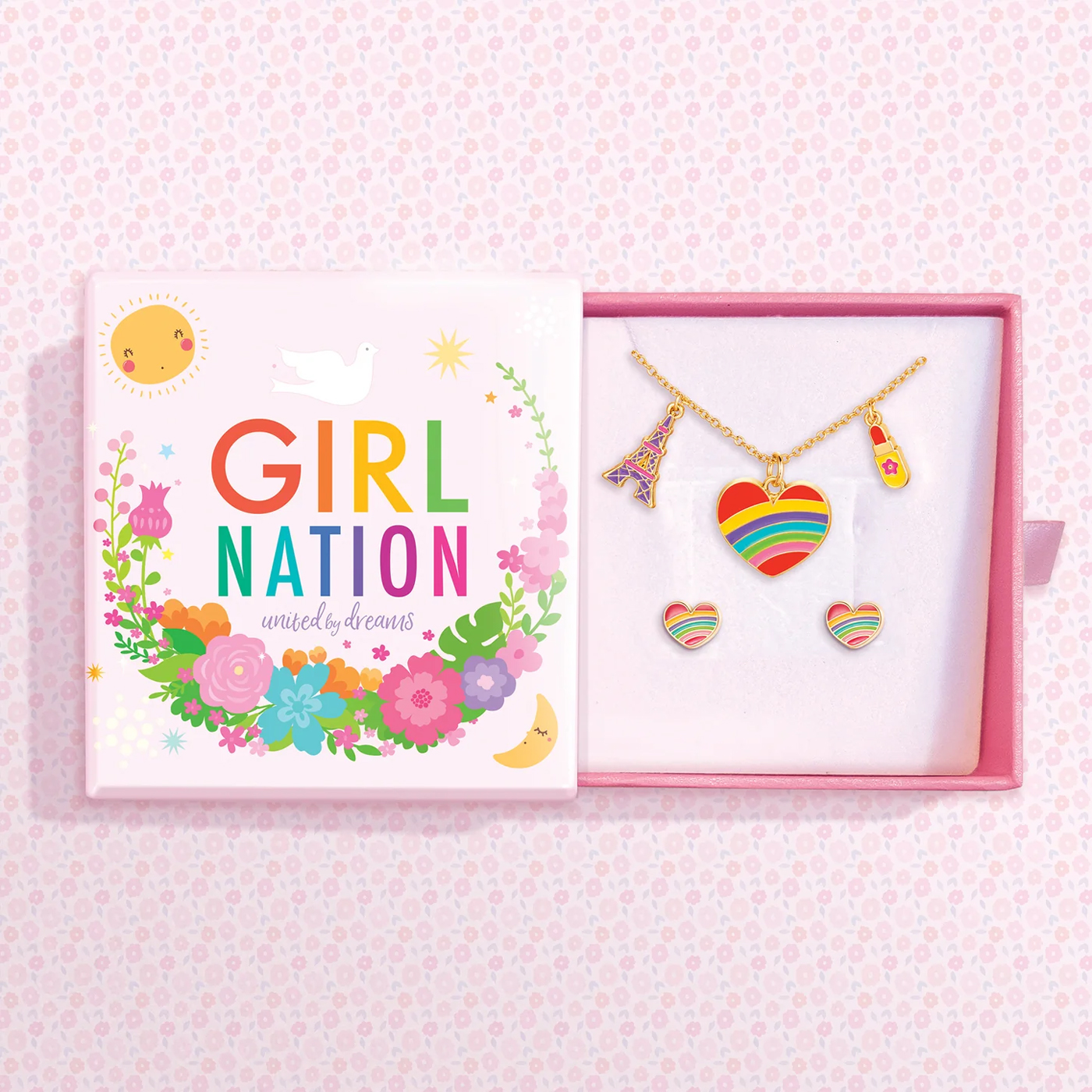 GIRL NATION Girl Nation Necklace & Earrings Kolye Küpe Hediye Seti - Rainbow Heart Eiffel