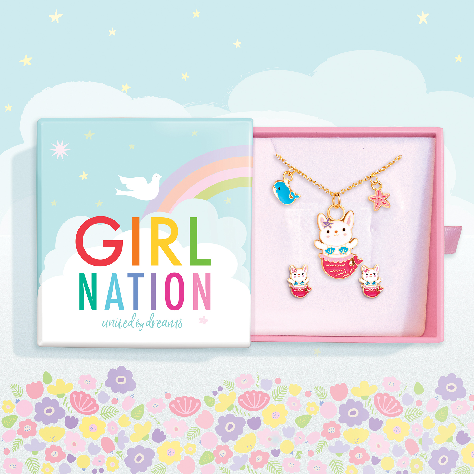  Girl Nation Necklace & Earrings Kolye Küpe Hediye Seti - Bunny Mermaid